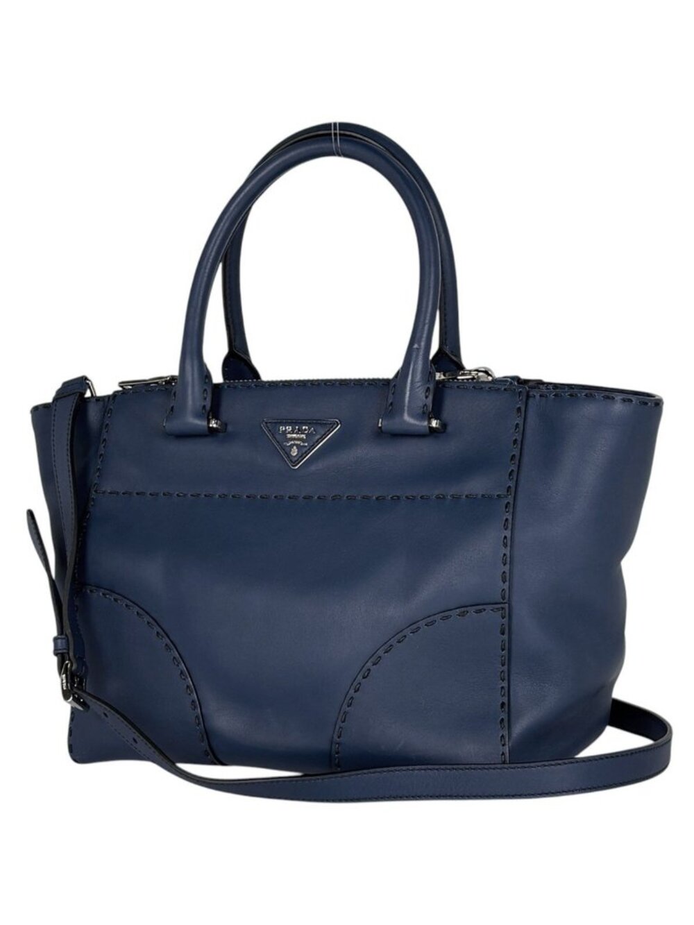 Prada Logo Handbag 2-Way Leather Blue